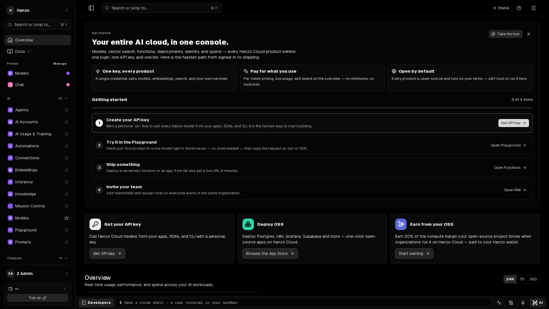The Hanzo console: models, agents, applications, databases and clusters in one list.