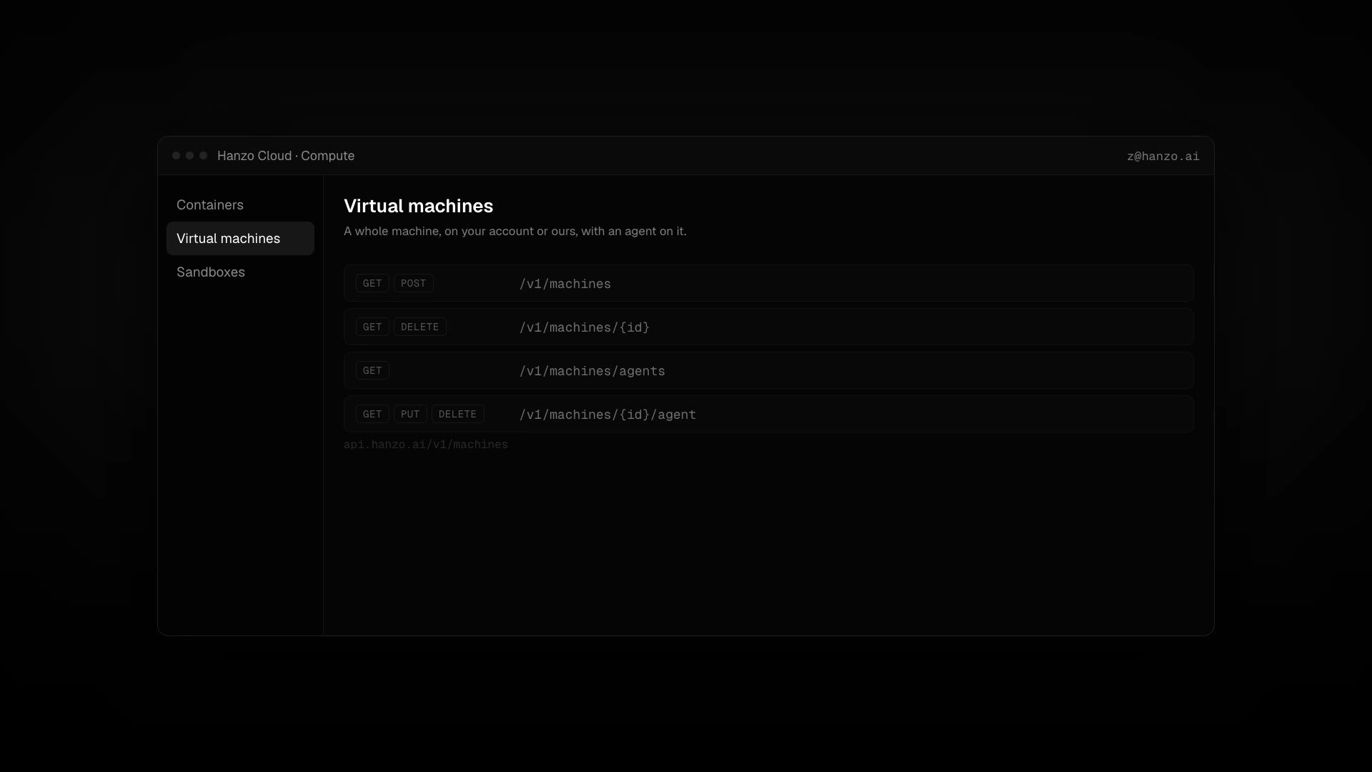 The virtual machines surface on api.hanzo.ai/v1/machines, operation by operation.